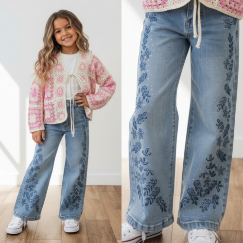 meisjes wide leg jeans blauw met borduursel en steentjes wide fit