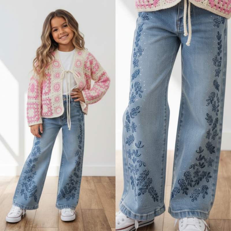 meisjes wide leg jeans blauw met borduursel en steentjes wide fit meisjes wide leg jeans blauw met borduursel en steentjes wide fit
