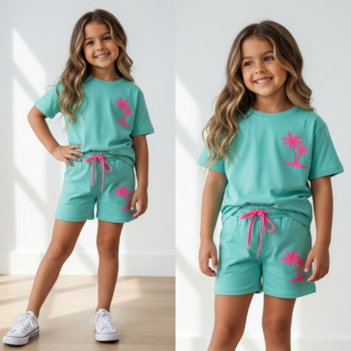 meisjes zomer set mint groen met palm print 2 delig