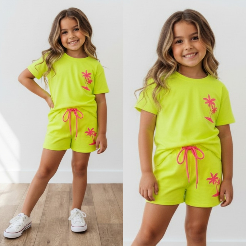 meisjes zomer set neon geel met palm print 2 delig meisjes zomer set neon geel met palm print 2 delig