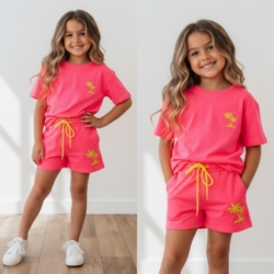 meisjes zomer set neon roze met palm print 2 delig