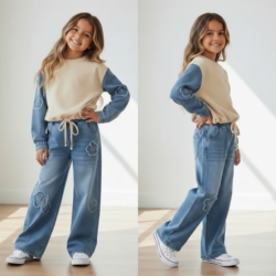 meisjes denim set beige