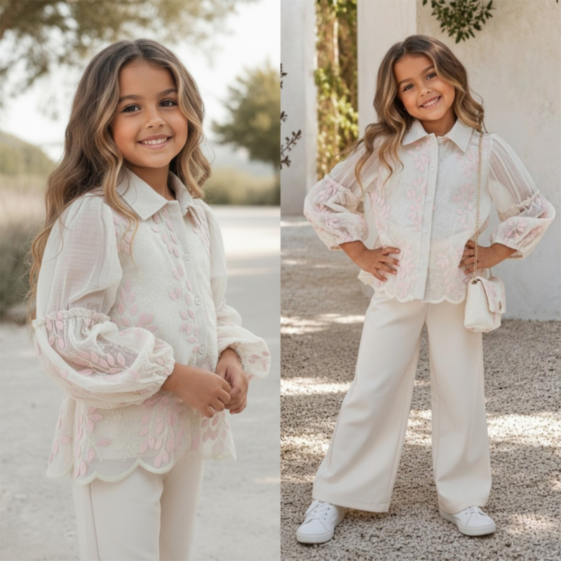 meisjes set beige met blouse en broek meisjes 3 delige set