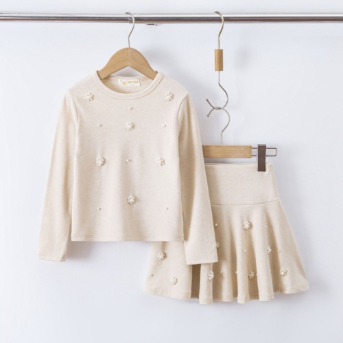 set meisjes longsleeve en rok creme beige