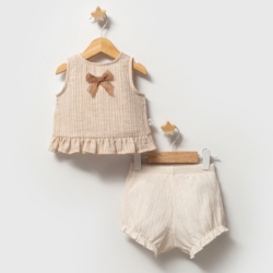 set met strik beige short meisje baby 1 set met strik beige short meisje baby