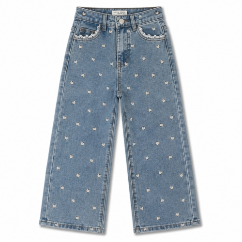meisjes wide fit jeans blauw met hartjes