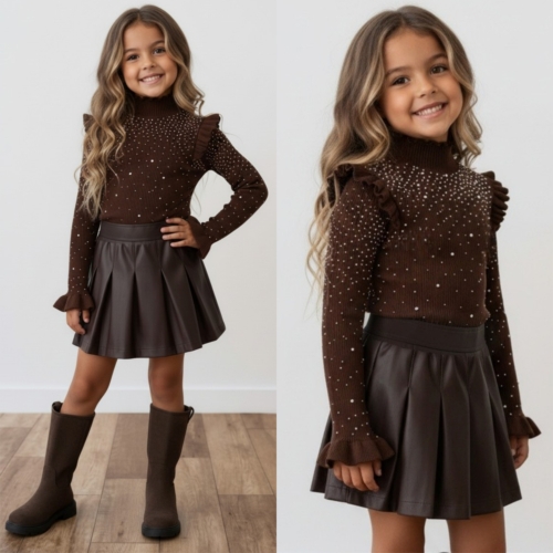 meisjes top bruin met pareltjes meisjes top bruin met pareltjes