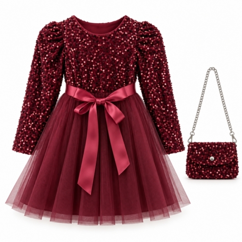 Bordeaux paillettenjurk met handtas