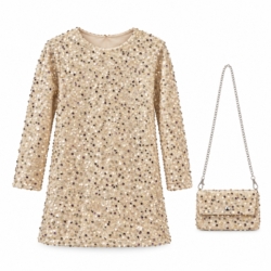 Champagnekleurige glitterjurk met bijpassend tasje