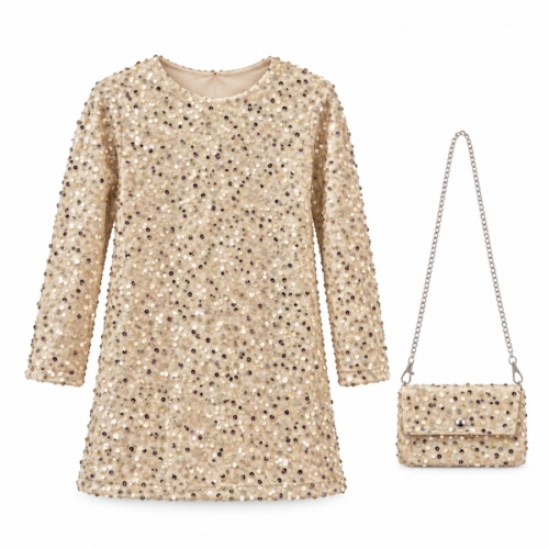 Champagnekleurige glitterjurk met bijpassend tasje